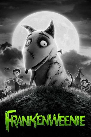 mustvalge filmiplakat pealkirjaga frankenweenie neoonrohelises toonis ja pildil on animeeritud koer, kellel on kõik õmblused, ja taustal jube väljanägevate inimeste pere