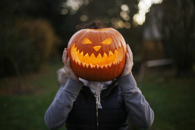 tüdruk, kes hoiab pea ees nikerdatud ja valgustatud halloweeni kõrvitsat