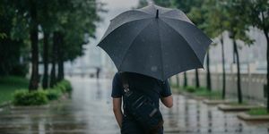 tagantvaade nutikast põhjuslikust mehest, kes hoiab käes vihmavarju ja kõnnib vihmases linnalinnas mööda parki