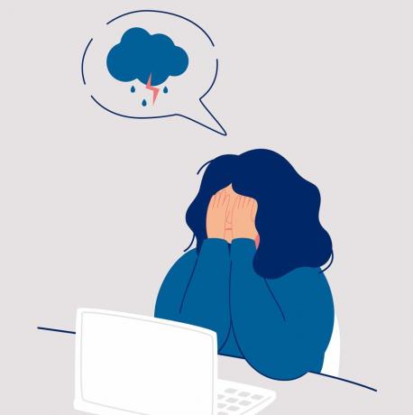 noor naine nutab oma nägu varjates kätega vihmase ja tormise pilve all istudes tüdruk tunneb peavalu ja depressiooni nutab emotsioone leina vektorillustratsioon valgelt taustalt
