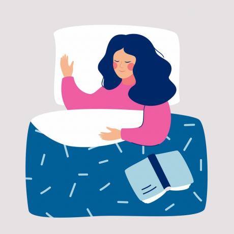 naine magab öösel oma voodis avatud raamatu vektorillustratsiooniga