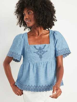 Chambray Flutter-sleeve tikitud top